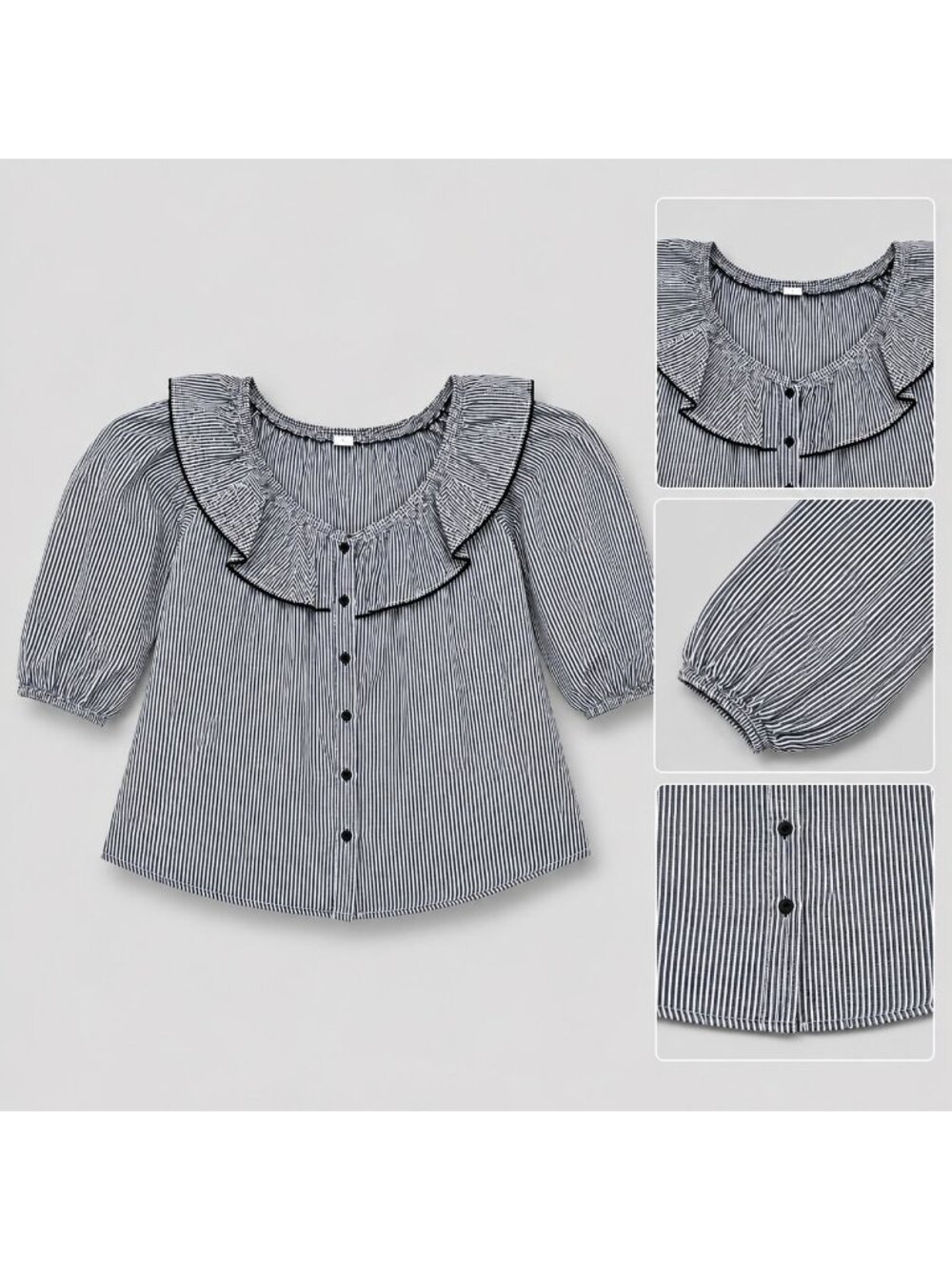 Black & White Striped Ruffled Button-Down deep v-neck Top blouse 1X